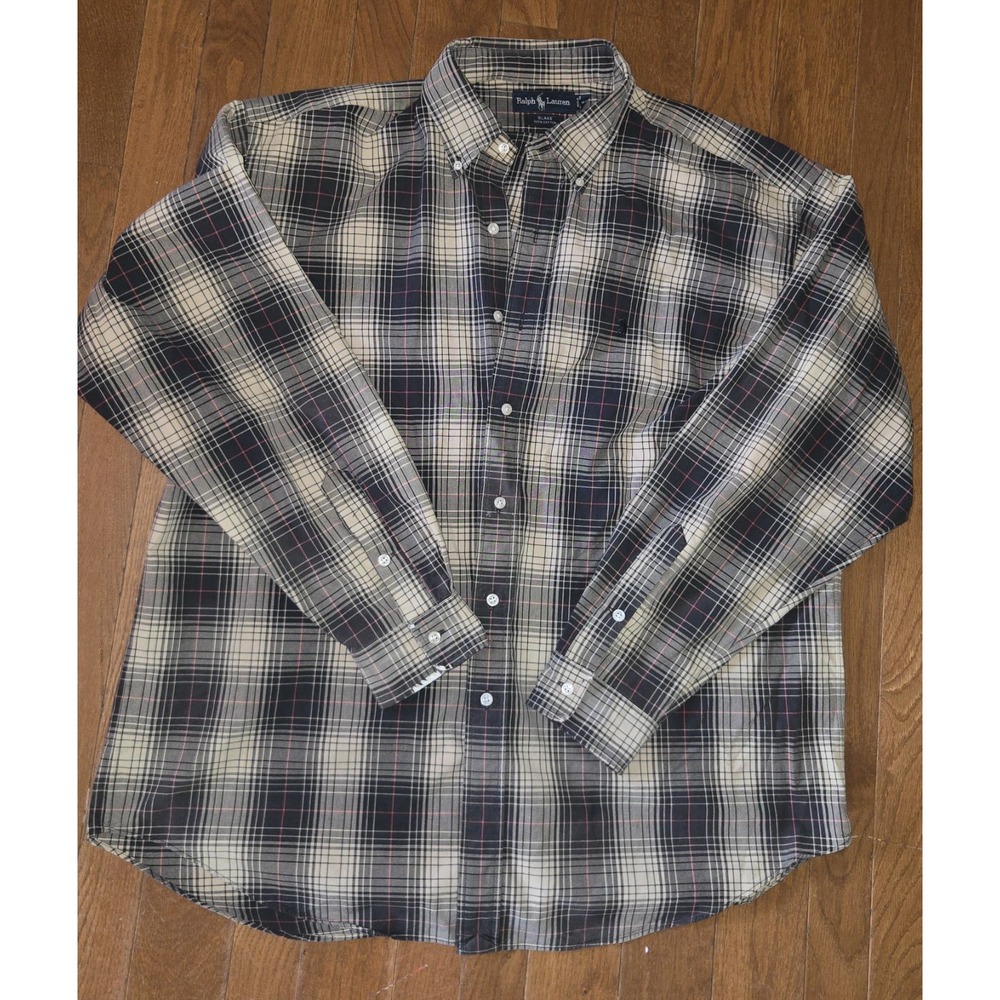 Ralph Lauren Button Up Blake Mens XL. Black & Tan Plaid 100% Cotton Black Pony
